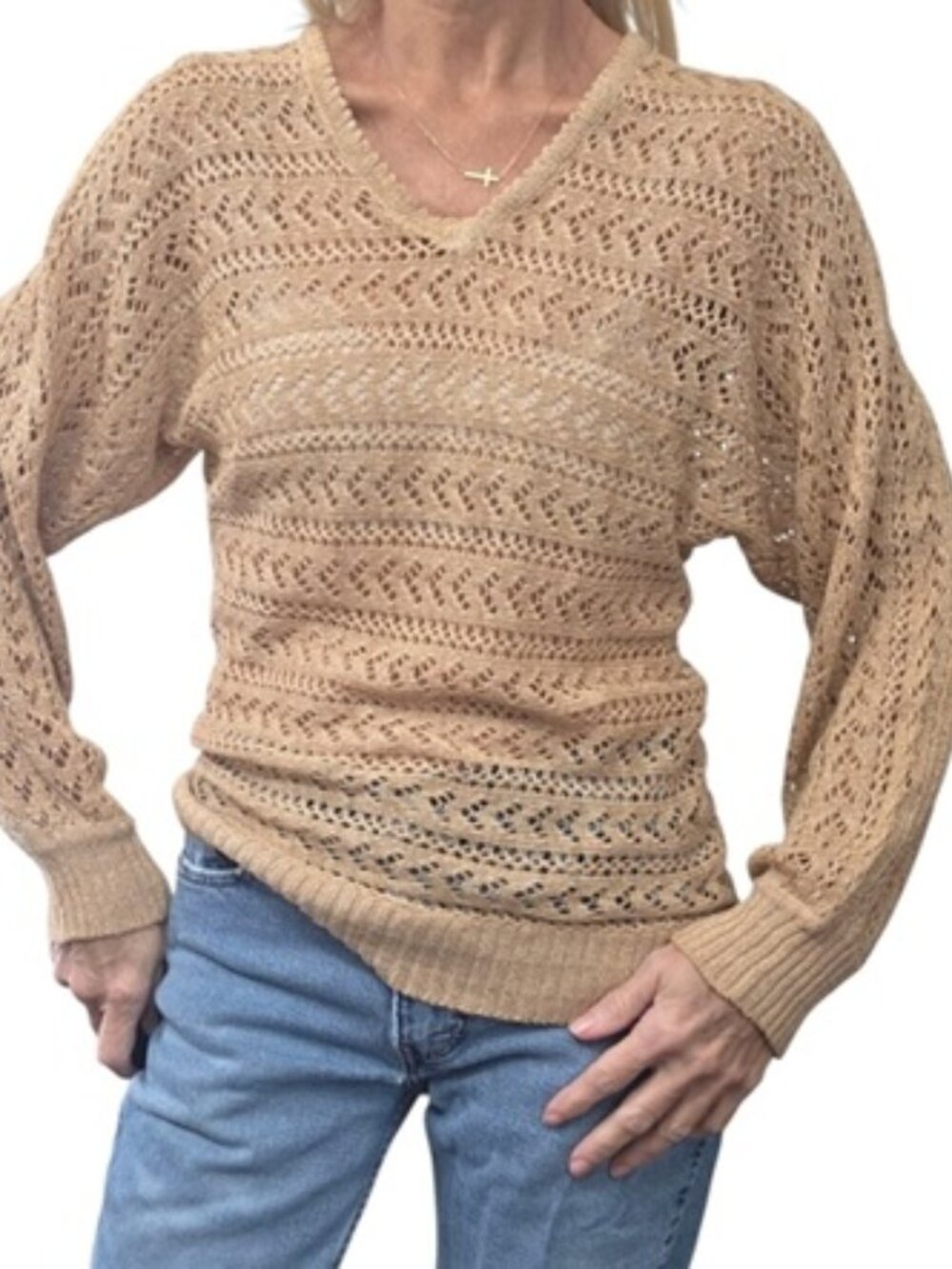 Vintage 70s Bobbie Brooks Silk Open Knit Sweater M V Neck Crochet Tan